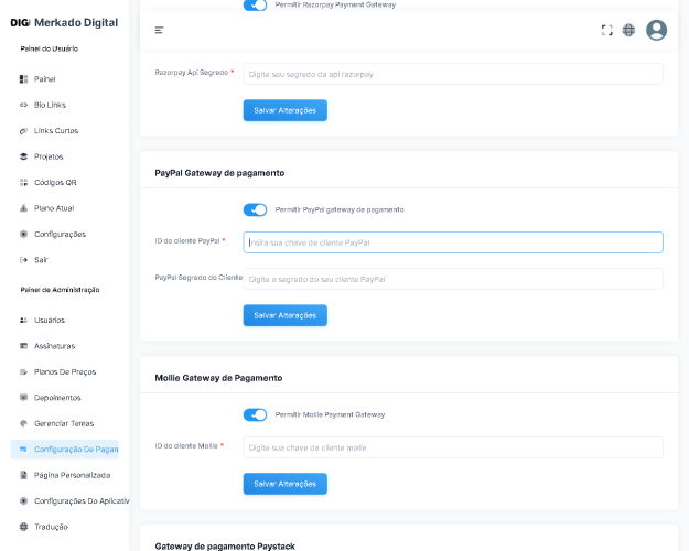 Gerenciamento de BIO Link SaaS